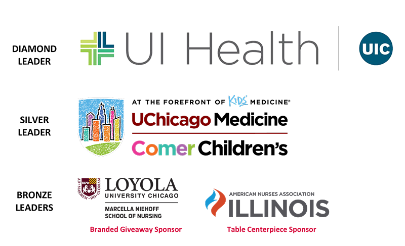 Logos of UI Health (Diamond Leader), UChicago Medicine Comer Children's Hospital (Silver Leaders) and ANA-Illinois and Loyola School of Nursing (Bronze Leaders)